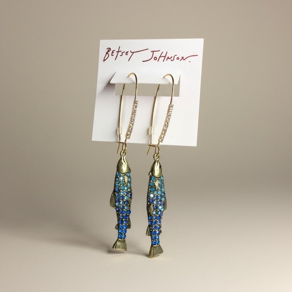 Betsey Johnson Sardine Crystal Drop Earrings Mermaid Jewels Fish Gold